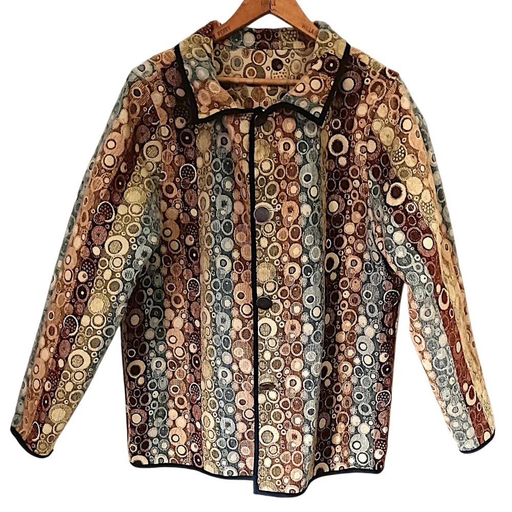 I Reversibles Tapestry Chore Jacket Sz‎ L Boho Damask Utility Boxy Career Button